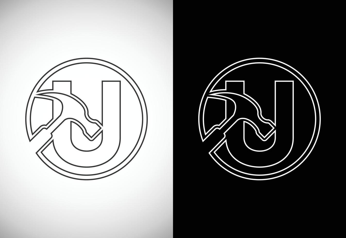 Initial U letter alphabet with a Hammer. Repair, renovation, and construction logo. Line art style logo vector