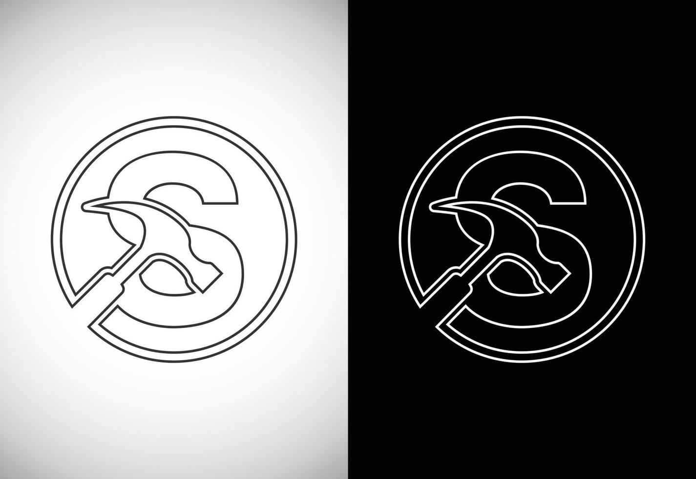 Initial S letter alphabet with a Hammer. Repair, renovation, and construction logo. Line art style logo vector