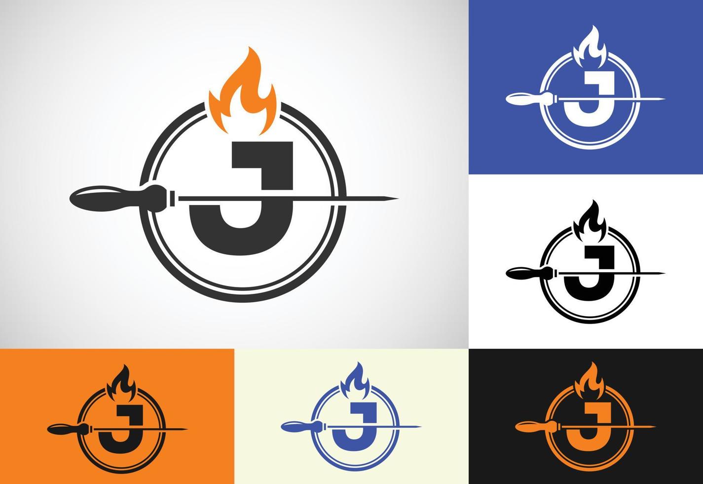 inicial j letra alfabeto con un brocheta y fuego fuego. logo diseño para parilla, seekh brocheta, etc. vector