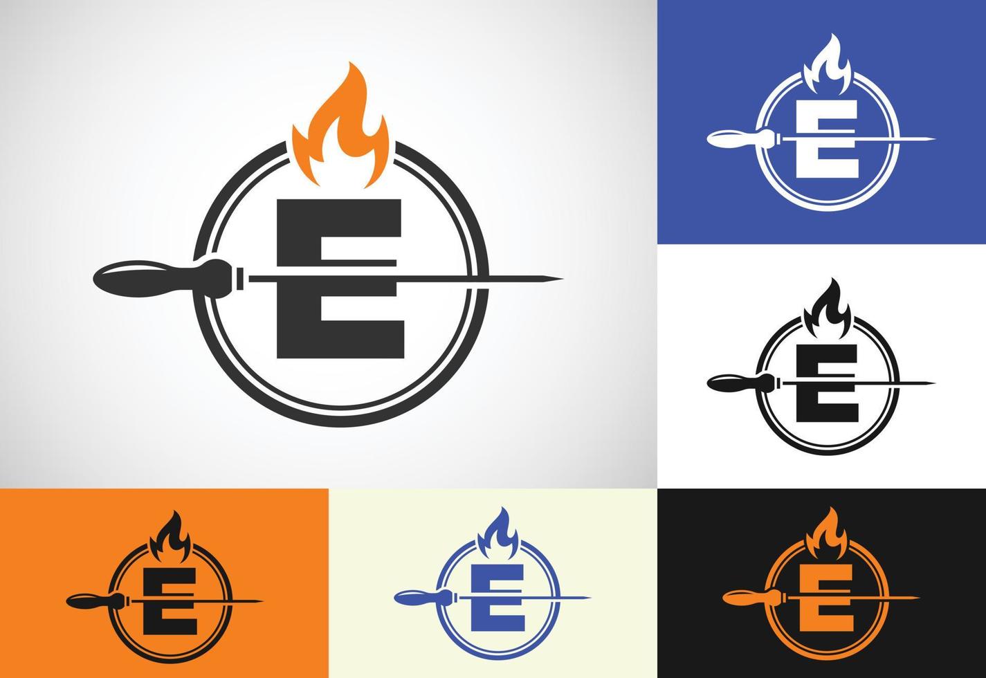 Initial E letter alphabet with a skewer and fire flame. Logo design for Barbecue, Seekh Kebab, etc. vector