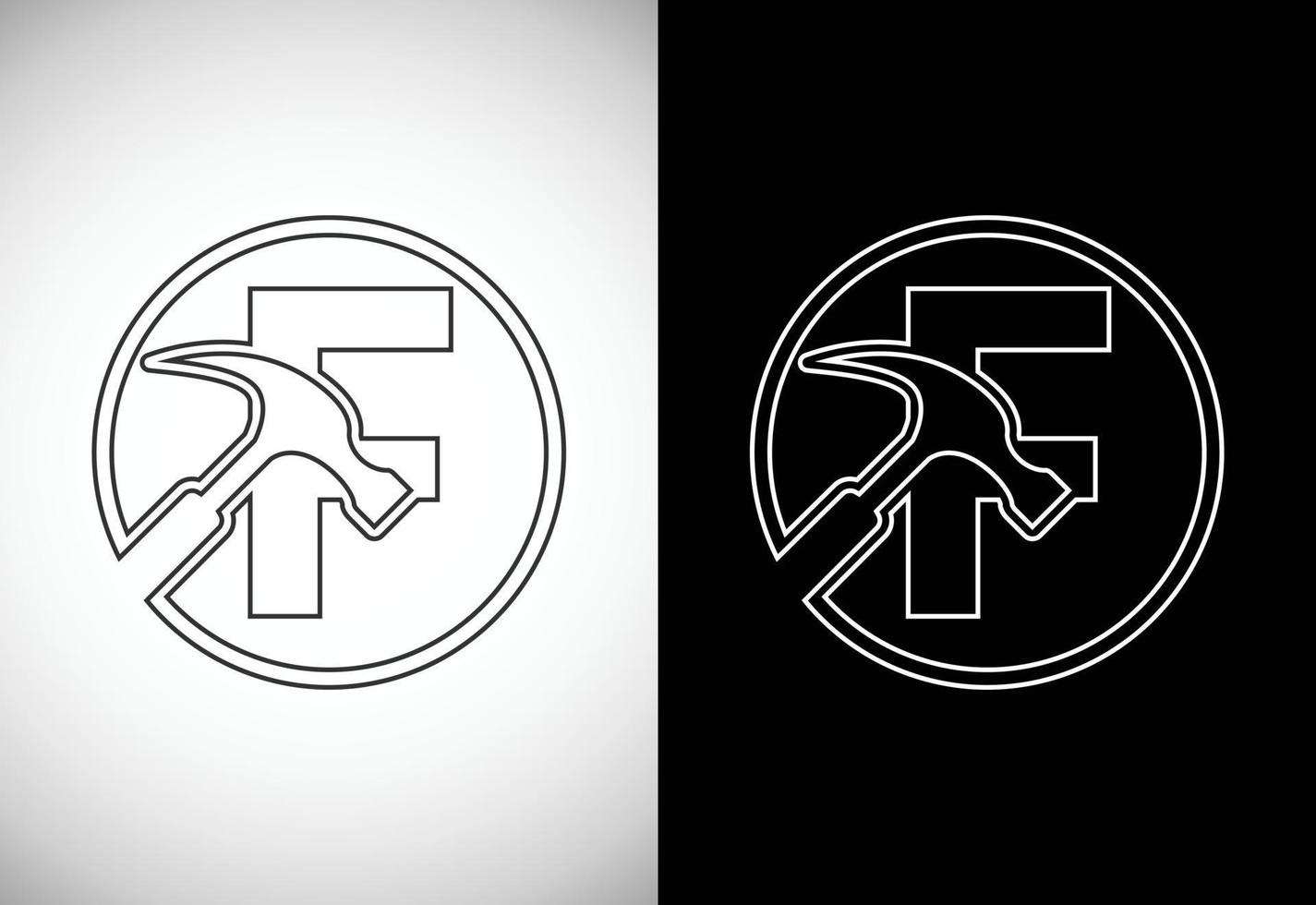 Initial F letter alphabet with a Hammer. Repair, renovation, and construction logo. Line art style logo vector