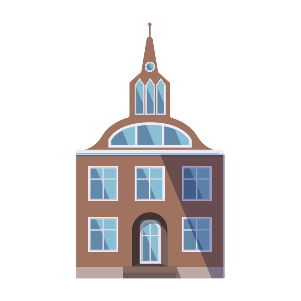 European brown old house in the traditional Dutch town style with a double gable roof, turret, narrow windows and front door. Vector illustration in the flat style isolated on a white background.