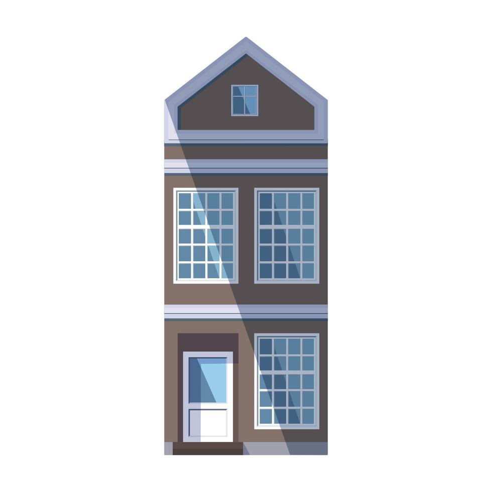 European brown old house in the traditional Dutch town style with a gable roof, square attic window and large loft-style windows. Vector illustration in the flat style isolated on a white background.