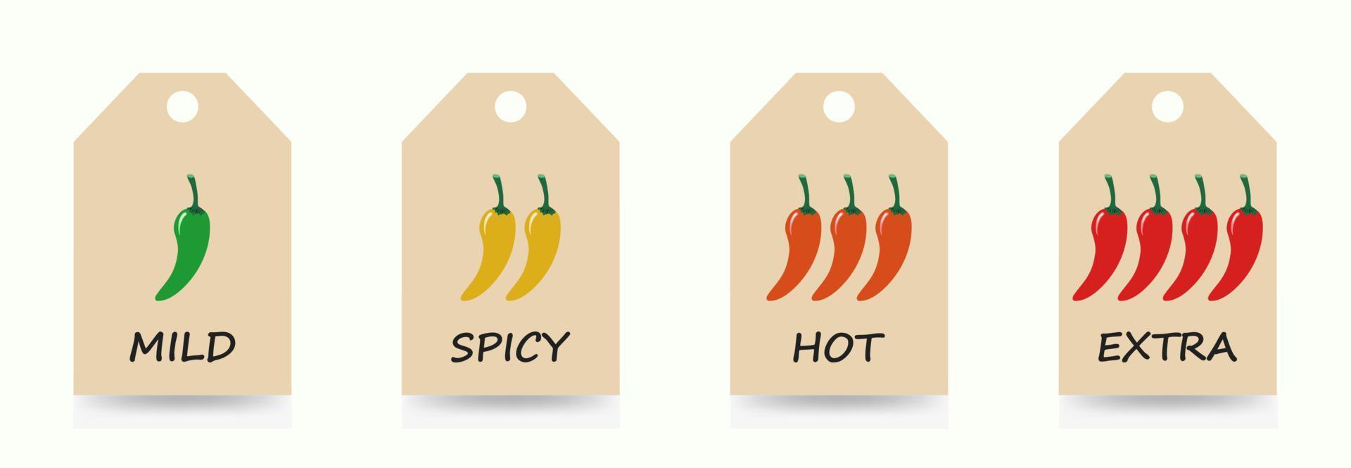 Spicy chili pepper sauce level scale on labels. Traditional Mexican and Chinese spicy food in four levels and colors - mild, spicy, hot and extra. Vector illustration isolated on a white background.