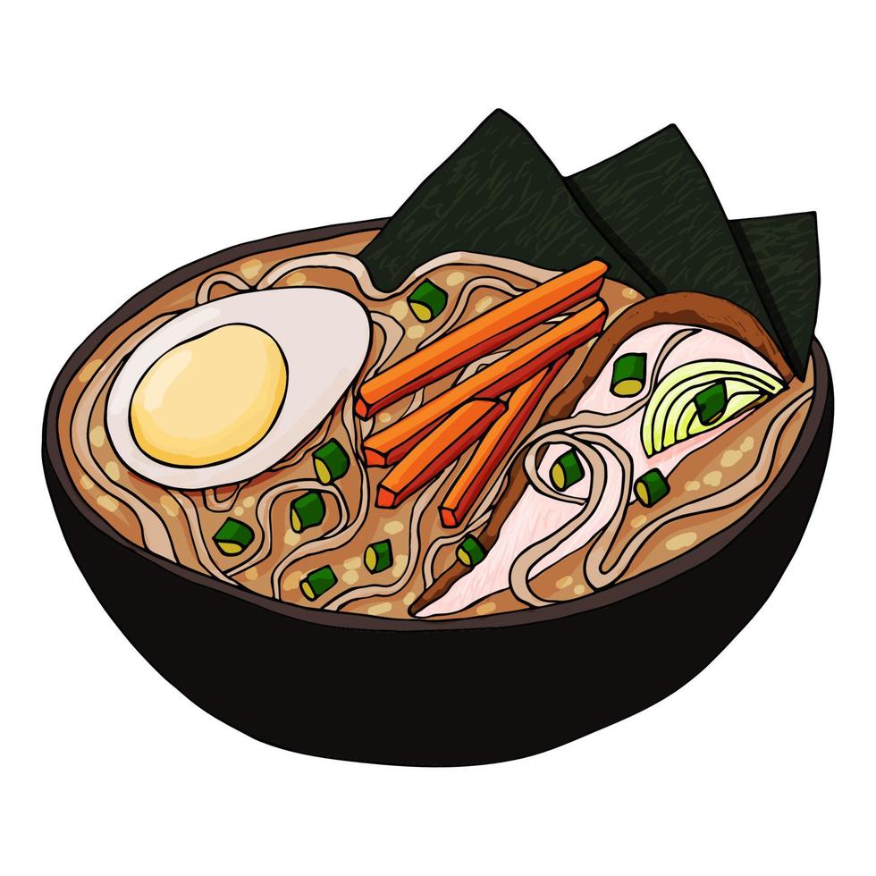 japonés ramen sopa vector. tradicion asiático comida con pollo, huevos, zanahorias, cebollas y tallarines en un miso caldo. valores ilustración aislado en blanco fondo, bosquejo en el garabatear handraw estilo vector