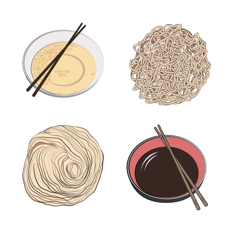 Traditional Japanese or Korean food - a set of ingredients for traditional Oriental ramen noodle soups. Vector illustration in hand-drawn style on a white background.