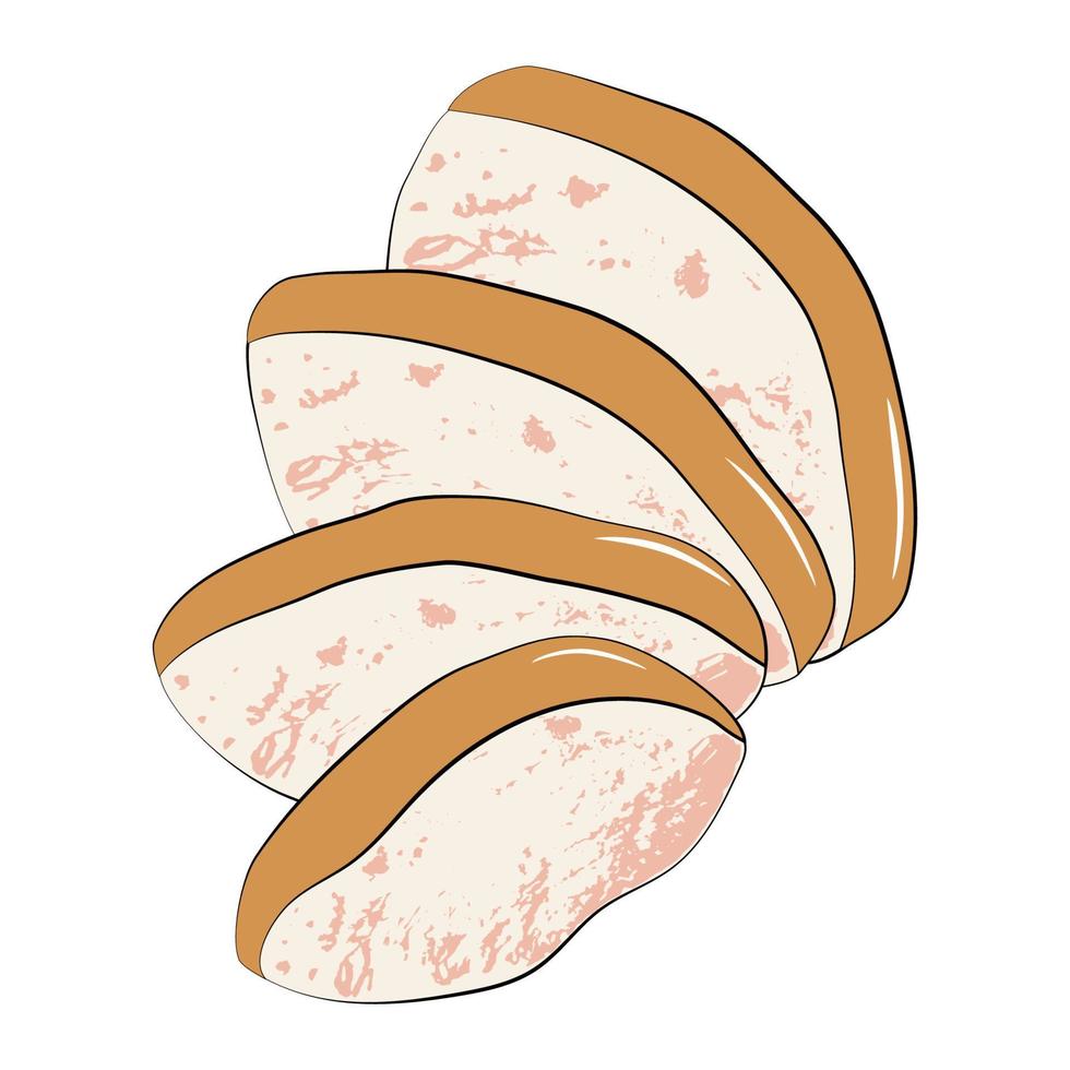 Pieces of chopped fried chicken are spread out by a fan. Ingredient for ramen noodle soup. Textured vector illustration on a white background
