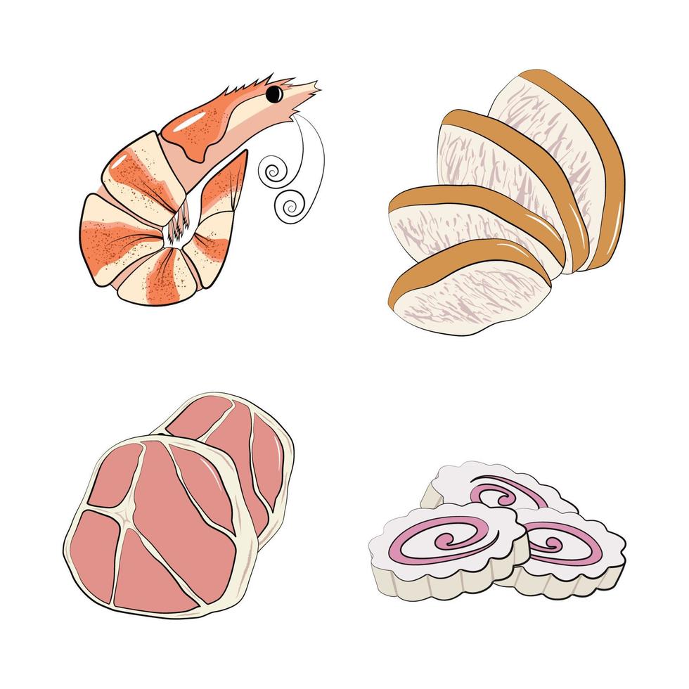 Set of traditional Japanese or Korean food - shrimp, pork, chicken and narutomaki. Set of ingredients for traditional Oriental ramen noodle soups. Vector illustration in hand-drawn style