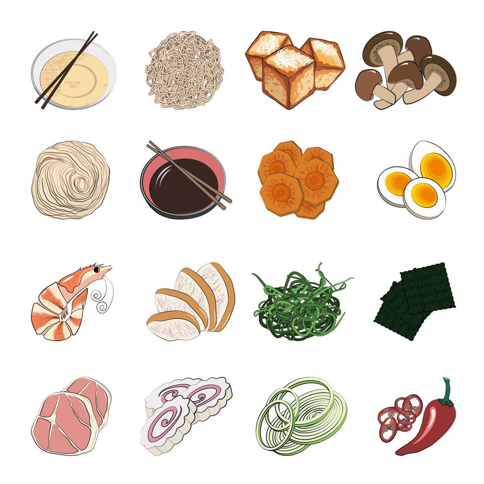 Traditional Japanese or Korean food - a big set of ingredients for traditional Oriental ramen noodle soups. Vector illustration in hand-drawn style on a white background.