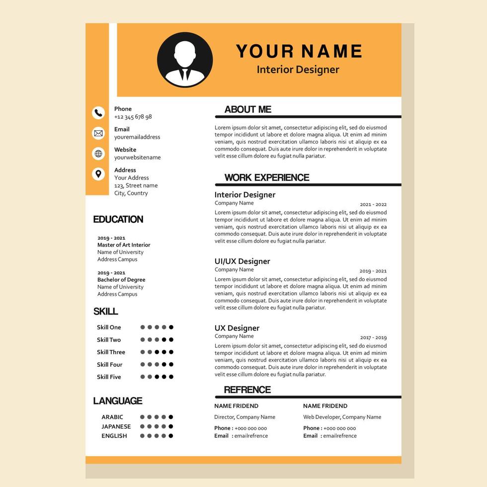 modern curriculum vitae template in vector with yellow and white color