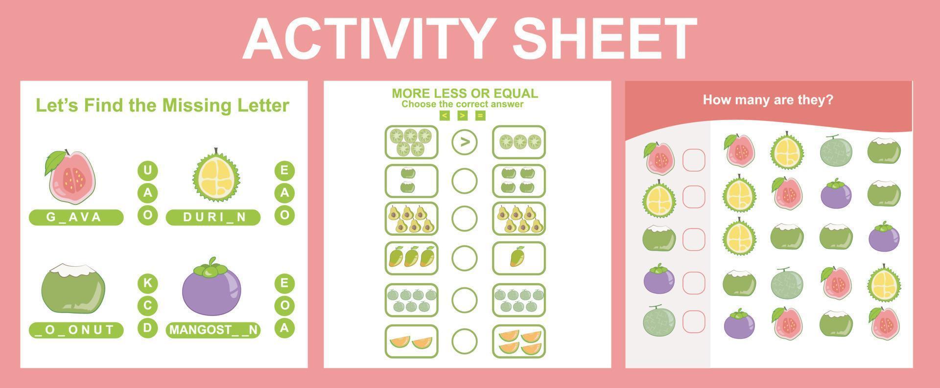 3 in 1 activity for children. Educational printable worksheet. Fruits worksheet theme. Vector illustrations.