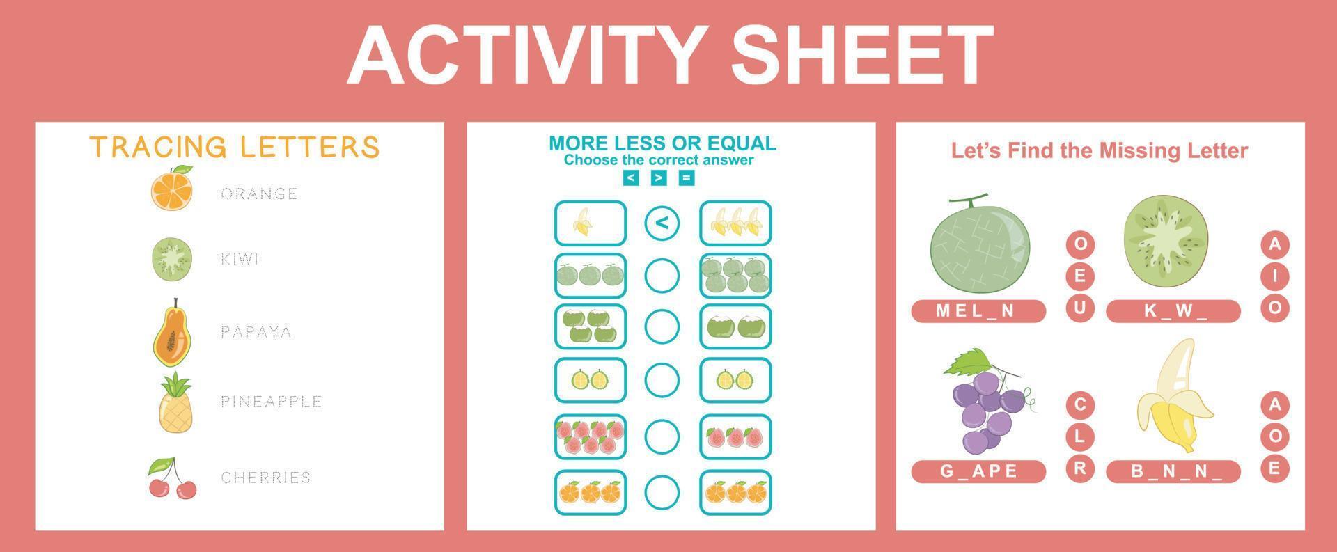 3 in 1 activity for children. Educational printable worksheet. Fruits worksheet theme. Vector illustrations.