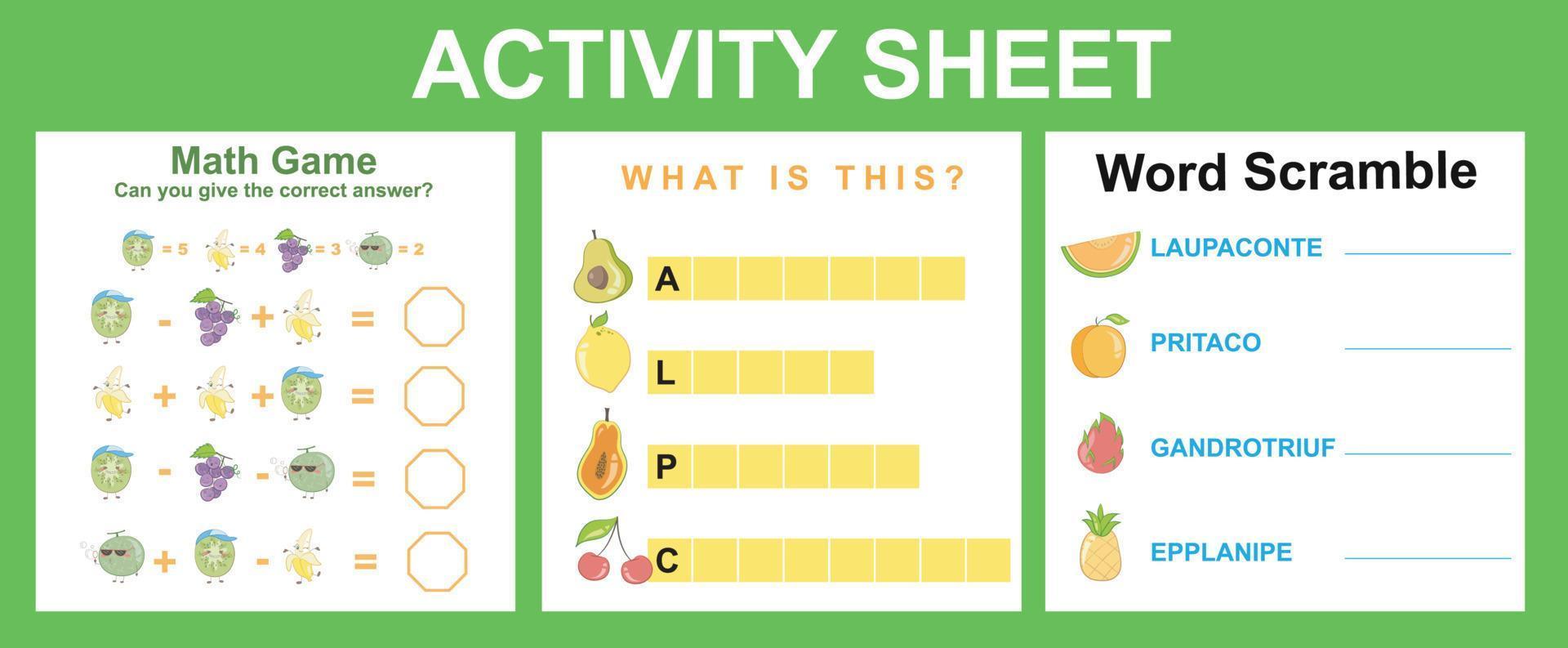 3 in 1 activity for children. Educational printable worksheet. Fruits worksheet theme. Vector illustrations.