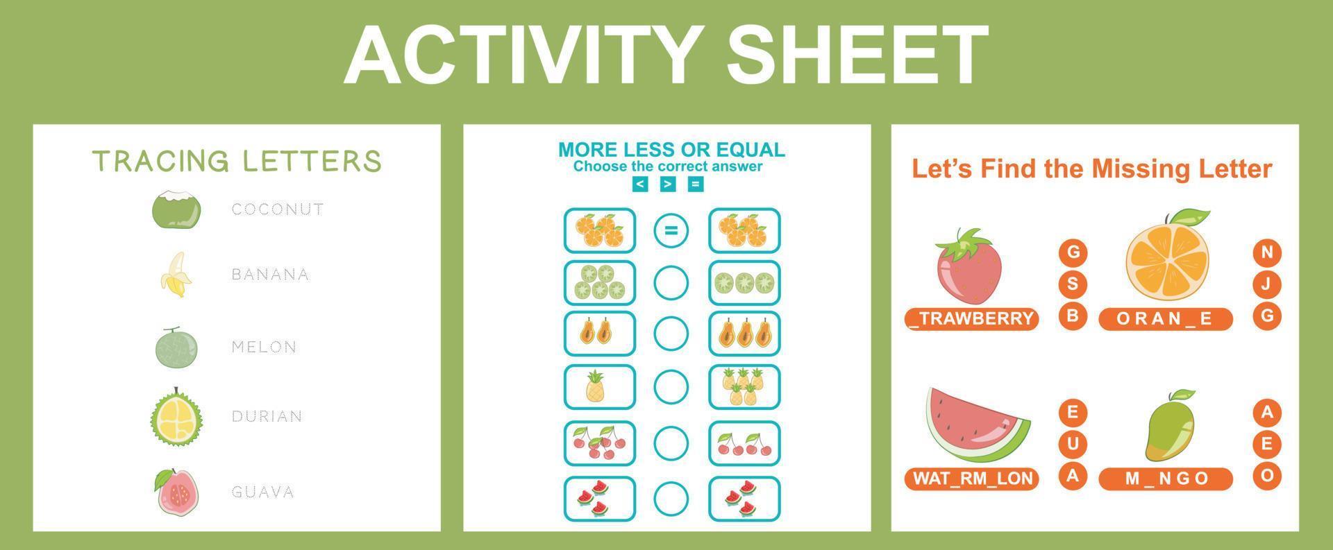 3 in 1 activity for children. Educational printable worksheet. Fruits worksheet theme. Vector illustrations.