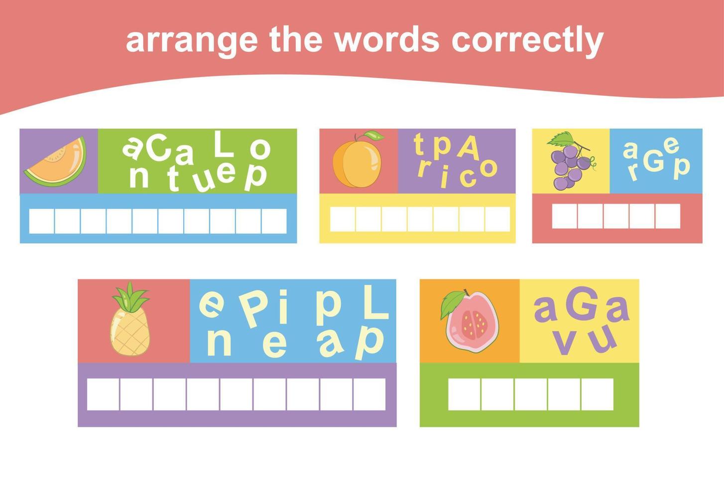 Arrange the words correctly. Worksheet for preschool. Writing practice. Vector file.