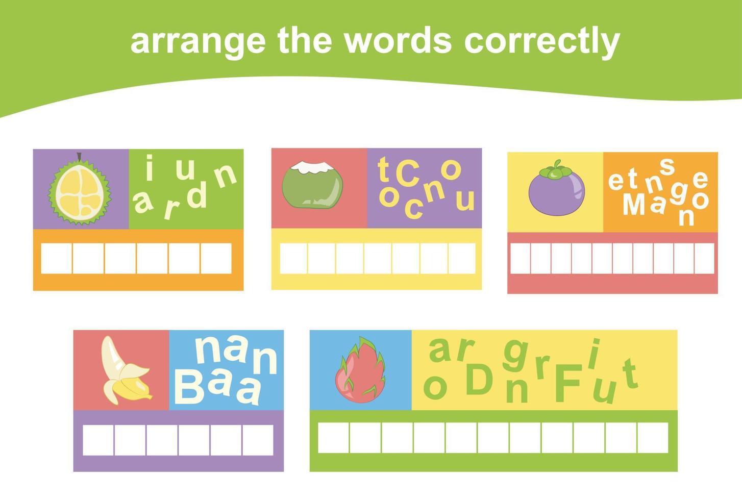 Arrange the words correctly. Worksheet for preschool. Writing practice. Vector file.