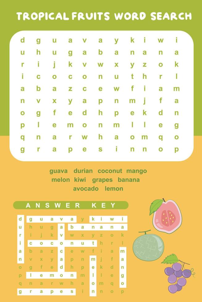Tropical Fruits Word Search worksheet. Educational worksheet for preschool. Vector file.