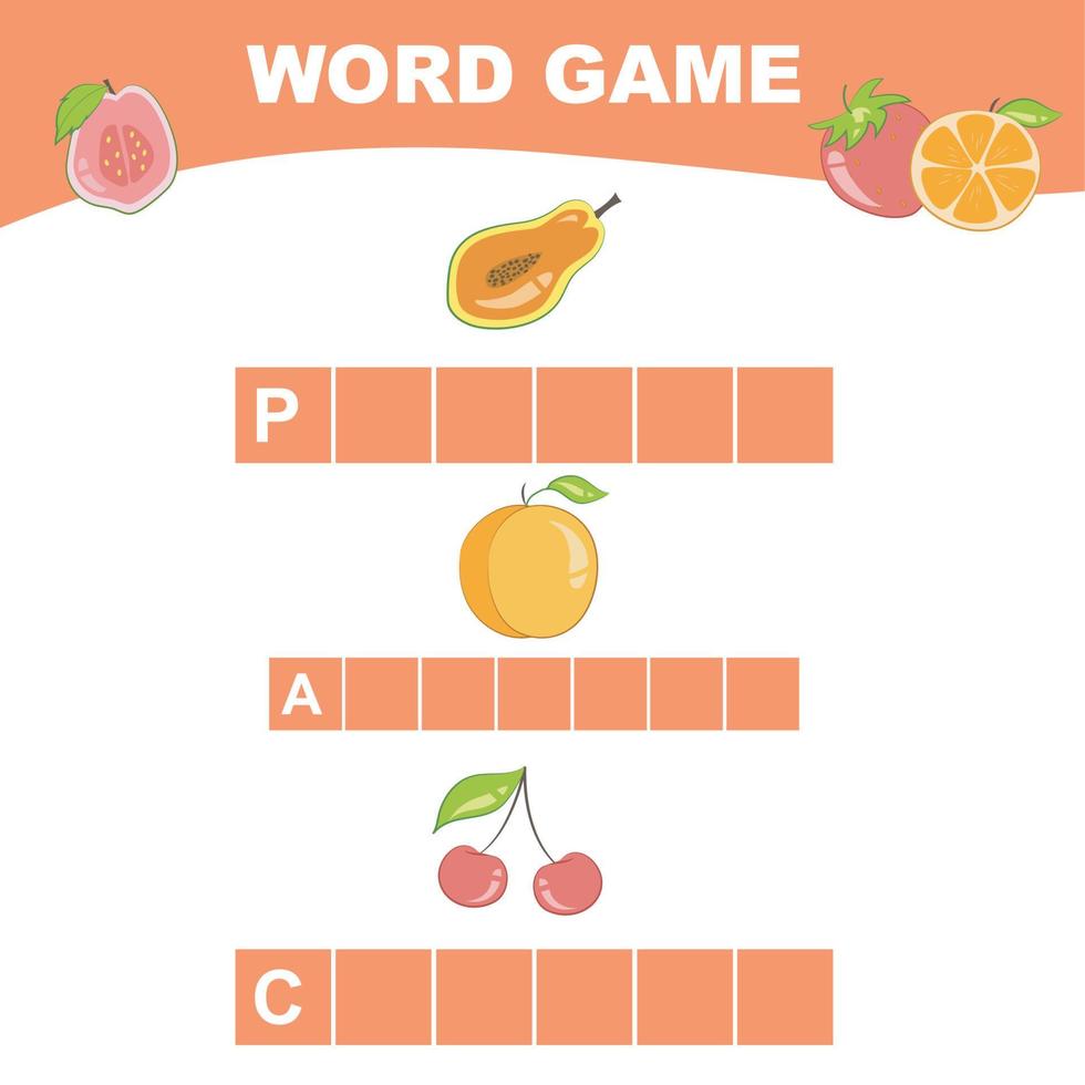 Word game worksheet. Complete the words. Fruits Theme Names Worksheet. Educational activity for preschool kids. Vector illustration.