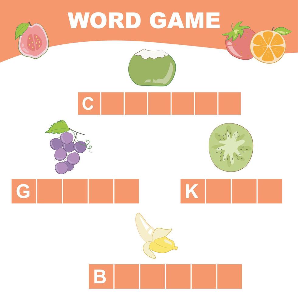 Word game worksheet. Complete the words. Fruits Theme Names Worksheet. Educational activity for preschool kids. Vector illustration.