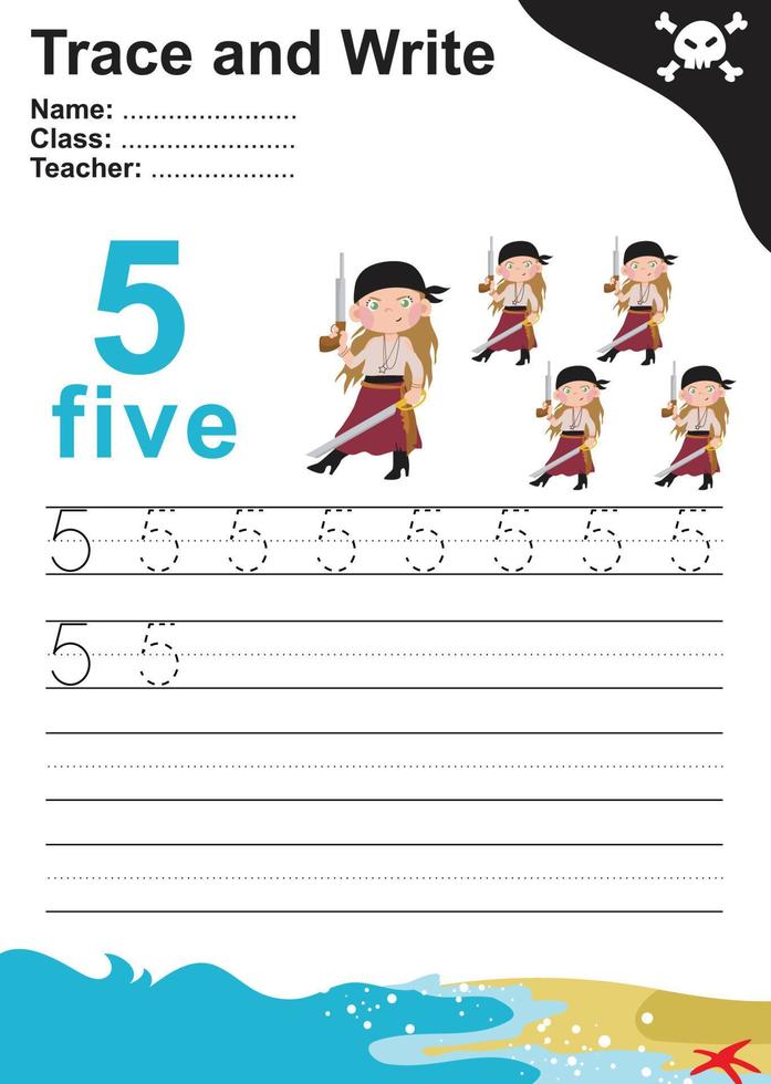 Trace and write number for children. Exercise for children to recognize the number. Educational worksheet for preschool. Vector file.