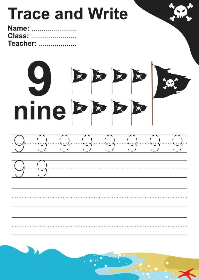 Trace and write number for children. Exercise for children to recognize the number. Educational worksheet for preschool. Vector file.