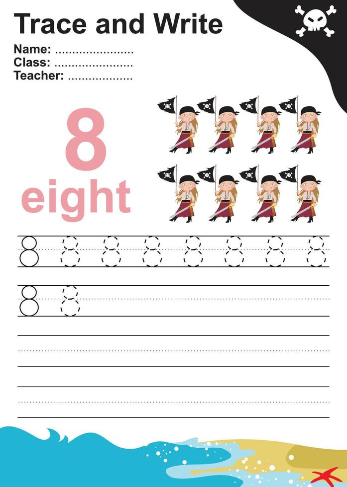 Trace and write number for children. Exercise for children to recognize the number. Educational worksheet for preschool. Vector file.