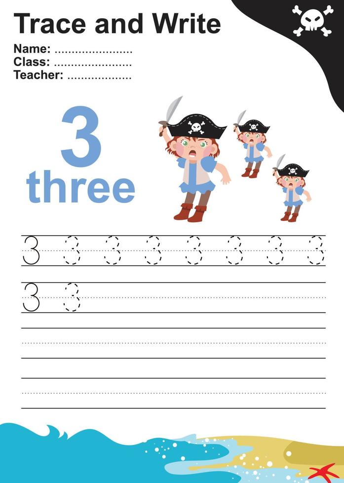 Trace and write number for children. Exercise for children to recognize the number. Educational worksheet for preschool. Vector file.