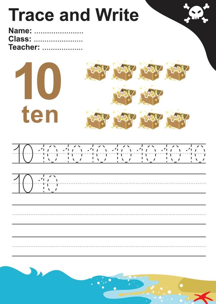 Trace and write number for children. Exercise for children to recognize the number. Educational worksheet for preschool. Vector file.