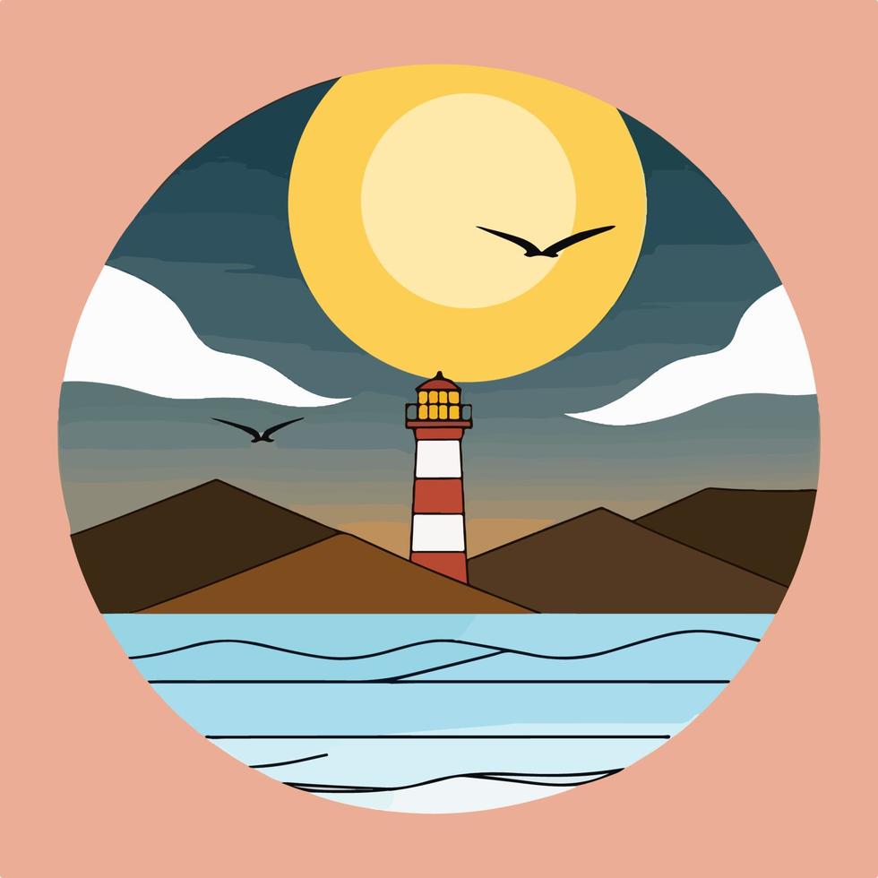 logo con un faro, colinas y Gaviotas faro a puesta de sol. vector