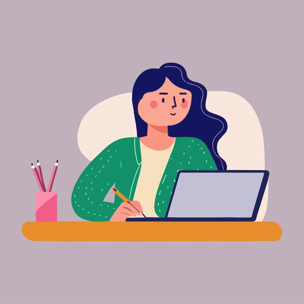 Girl sitting at a table and working on a laptop. vector