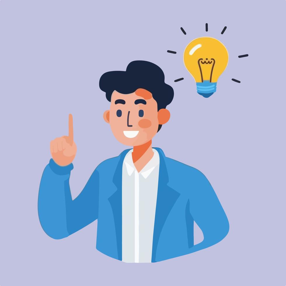 Man with idea. Cartoon character with lightbulb. vector