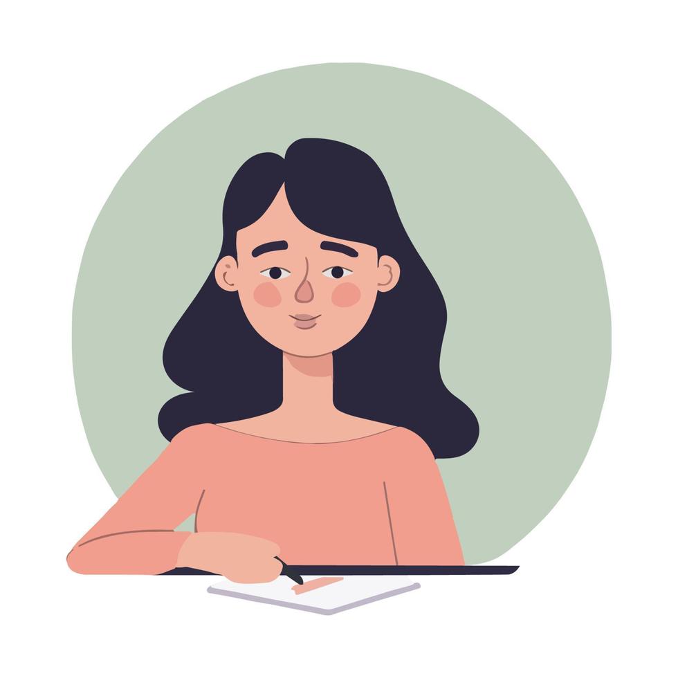 Cartoon girl sits at the table and writes in a notebook. vector