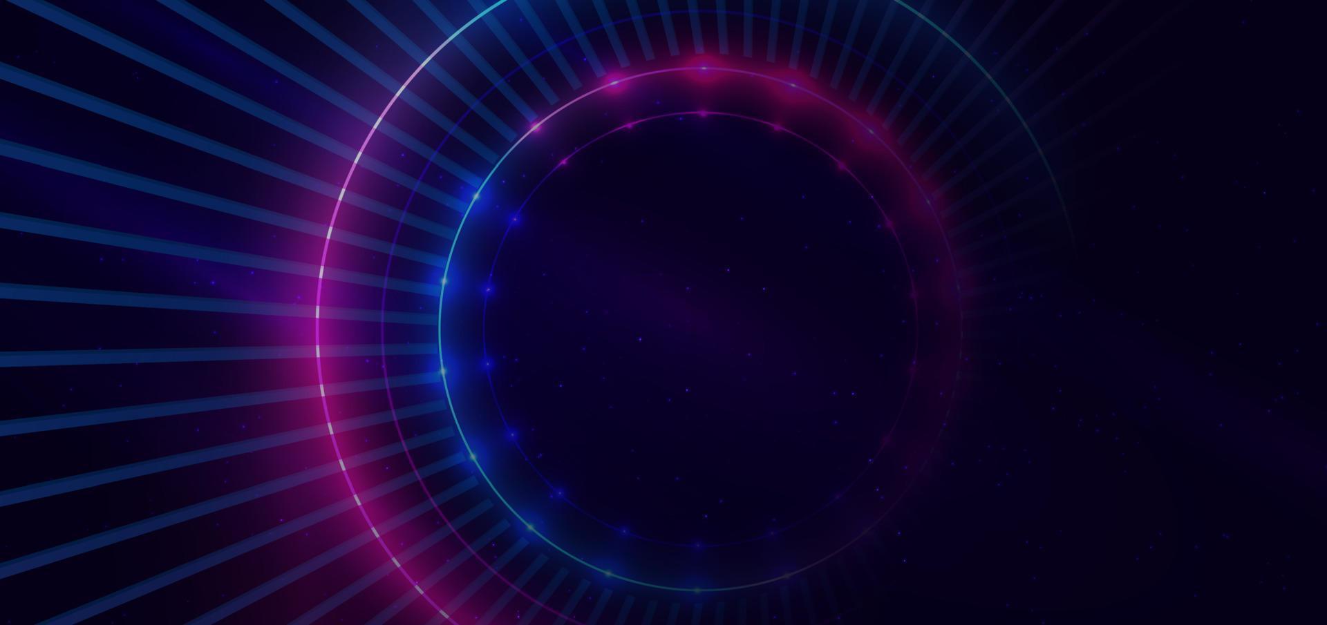 Abstract technology futuristic circles neon pink and blue light lines on dark blue background with dust galaxy and copy space for text. vector