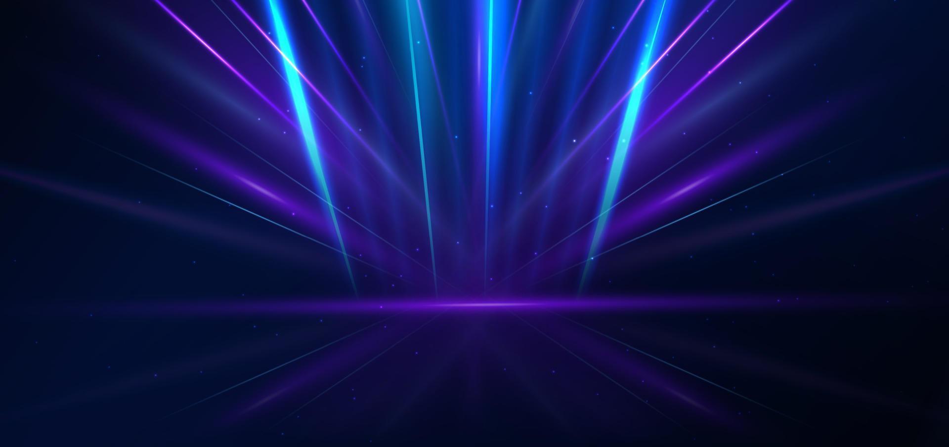 Abstract technology futuristic glowing blue and purple  light lines with speed motion blur effect on dark blue background. vector