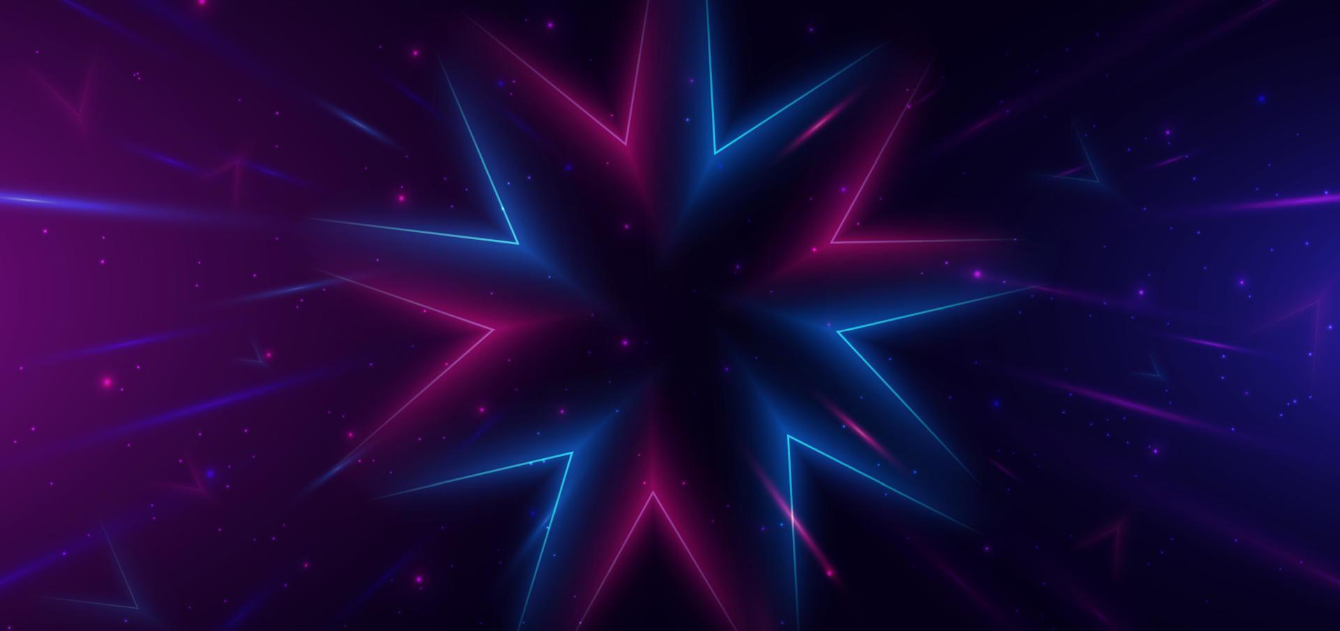 Abstract technology futuristic neon star glowing blue and pink light lines with speed motion blur effect on dark blue background. vector