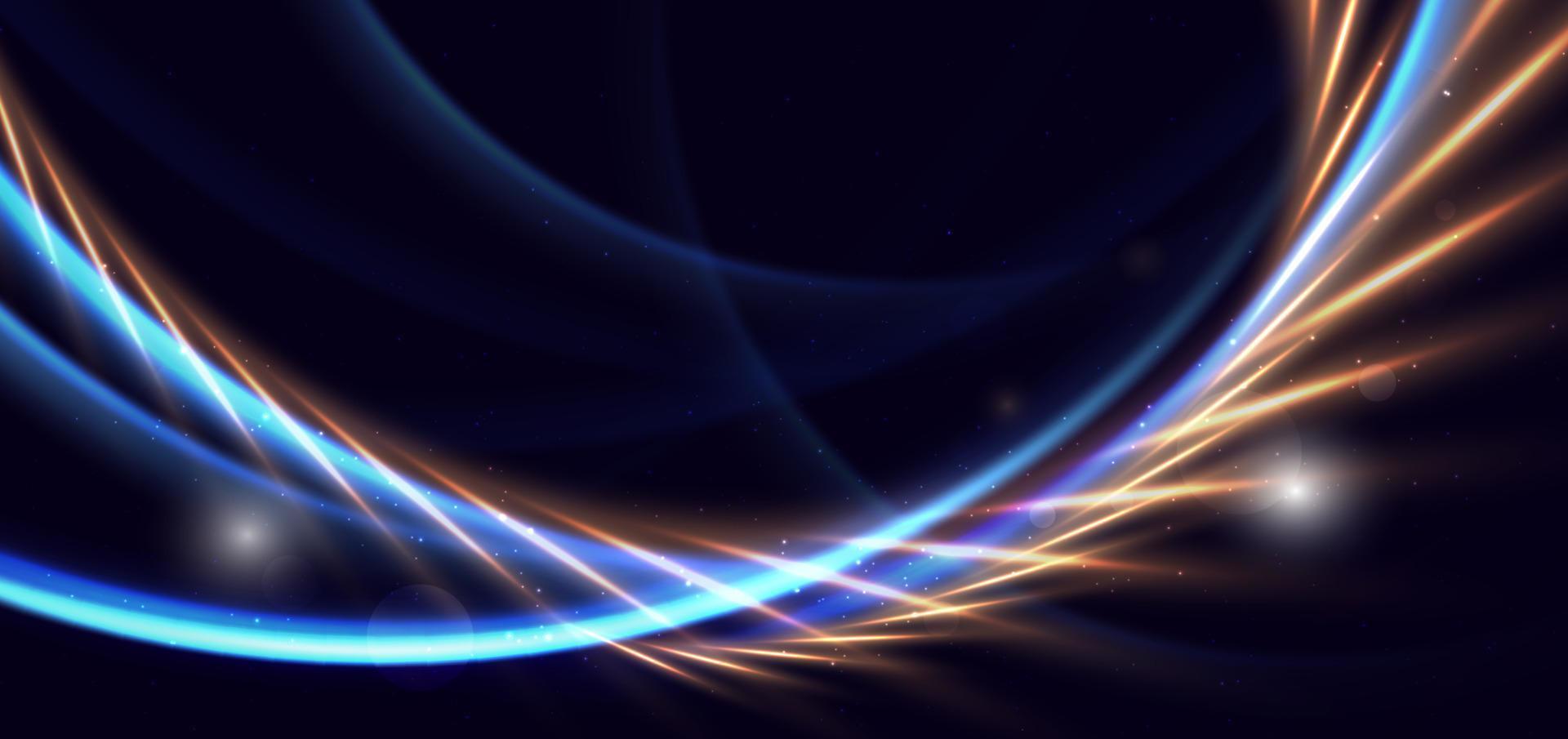 Abstract technology futuristic neon curved glowing blue light lines with speed motion blur effect on dark blue background. vector