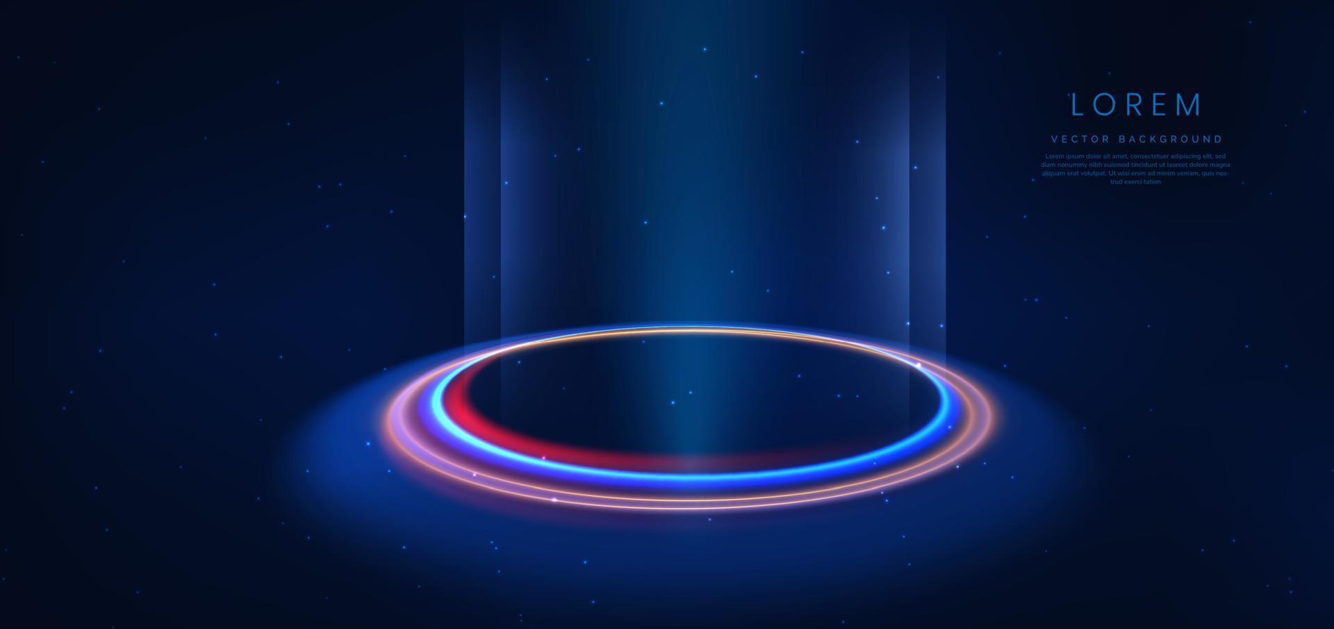 Abstract technology futuristic neon circle glowing blue and gold  light lines with speed motion blur effect on dark blue background. vector