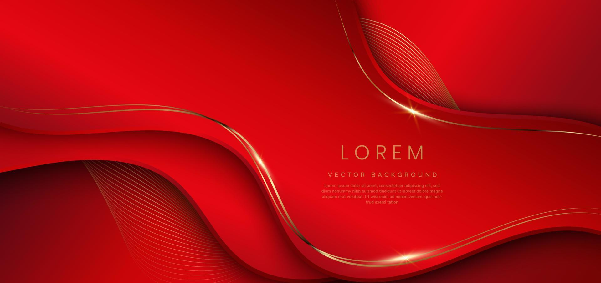 Abstract 3d red background with gold lines curved wavy sparkle with copy space for text. Luxury style template design. vector