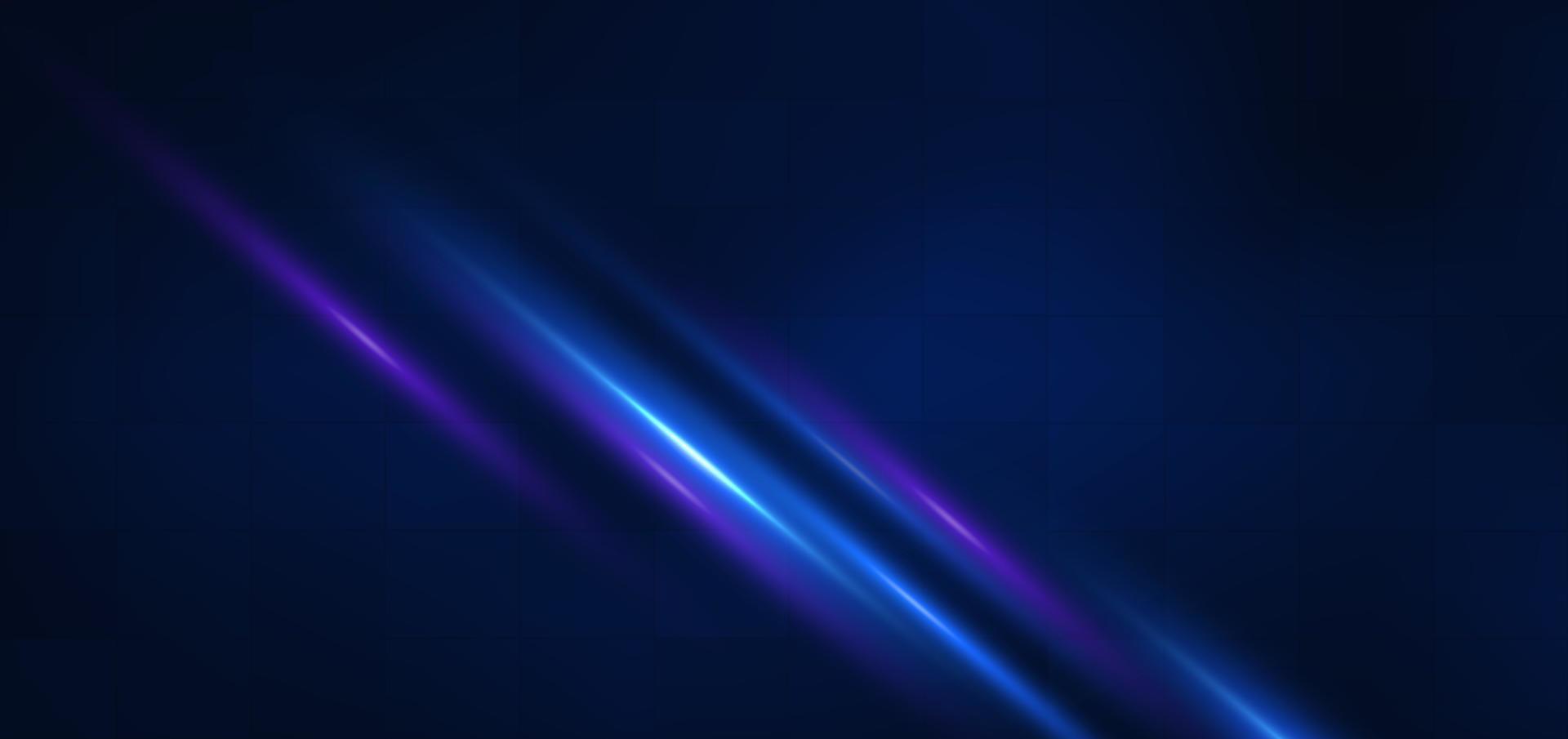 Abstract technology futuristic glowing blue and purple light lines with speed motion blur effect on dark blue background. vector