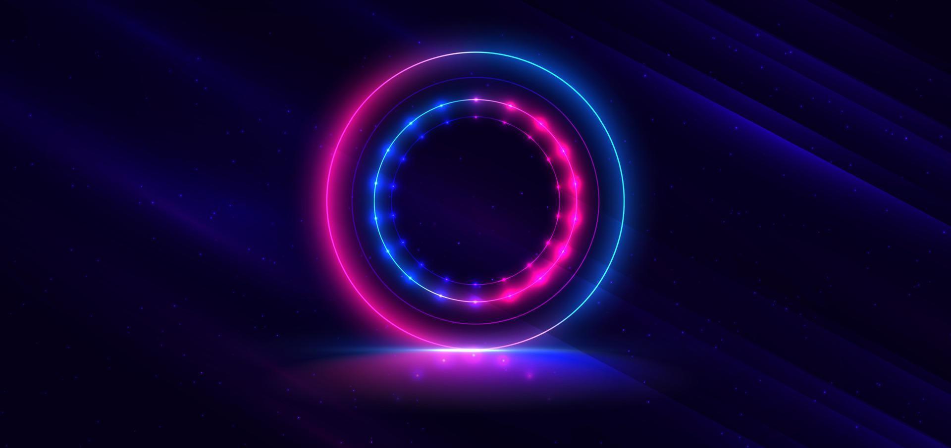 Abstract technology futuristic circles neon pink and blue light lines on dark blue background with dust galaxy and copy space for text. vector