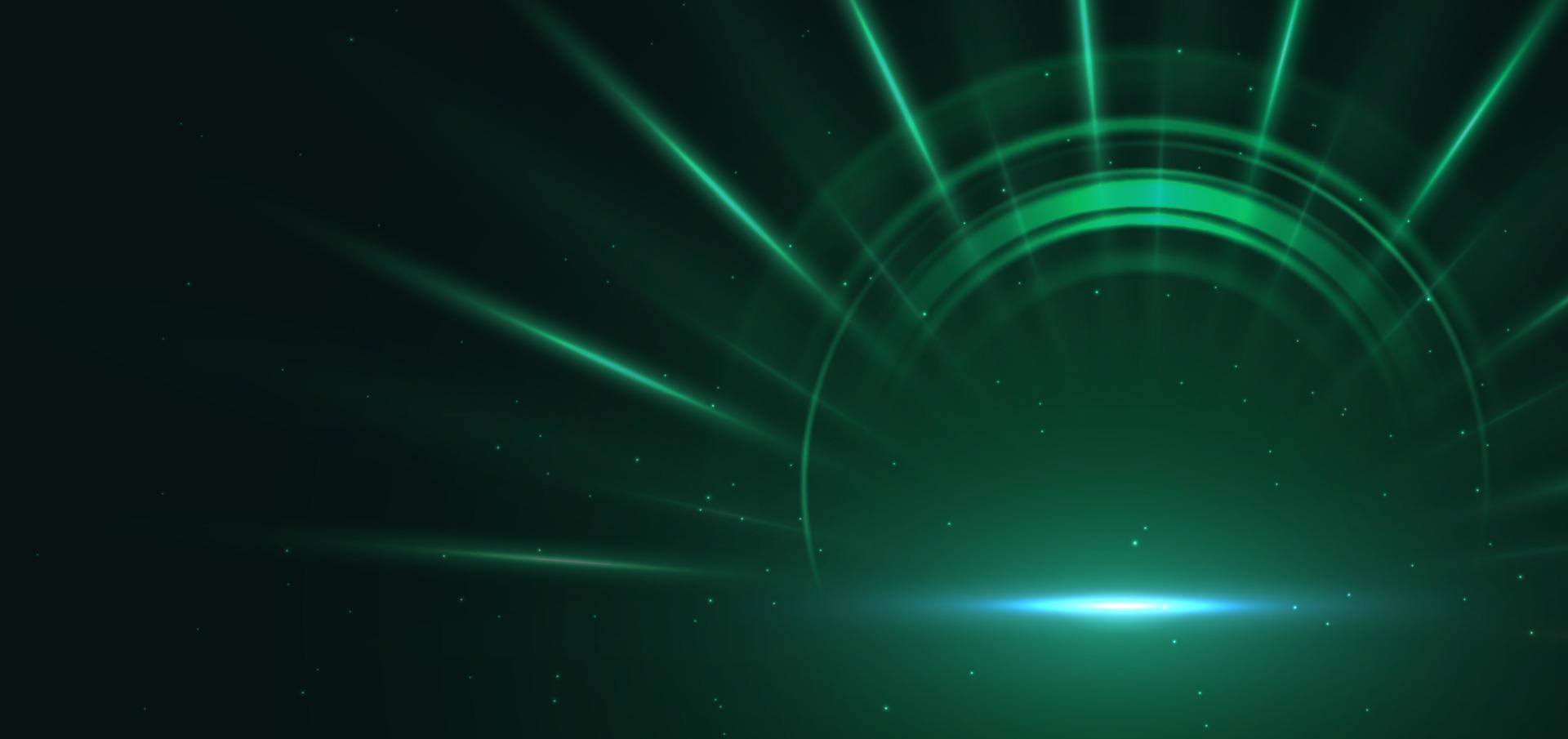 Abstract technology futuristic neon circle glowing green light lines on dark green background. vector