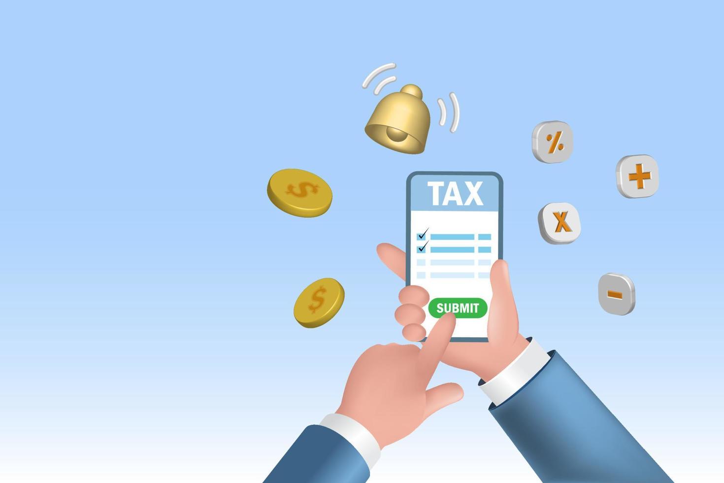 Online income tax filing concept. Businessman hand submit tax filing on smart tablet .3D vector. vector