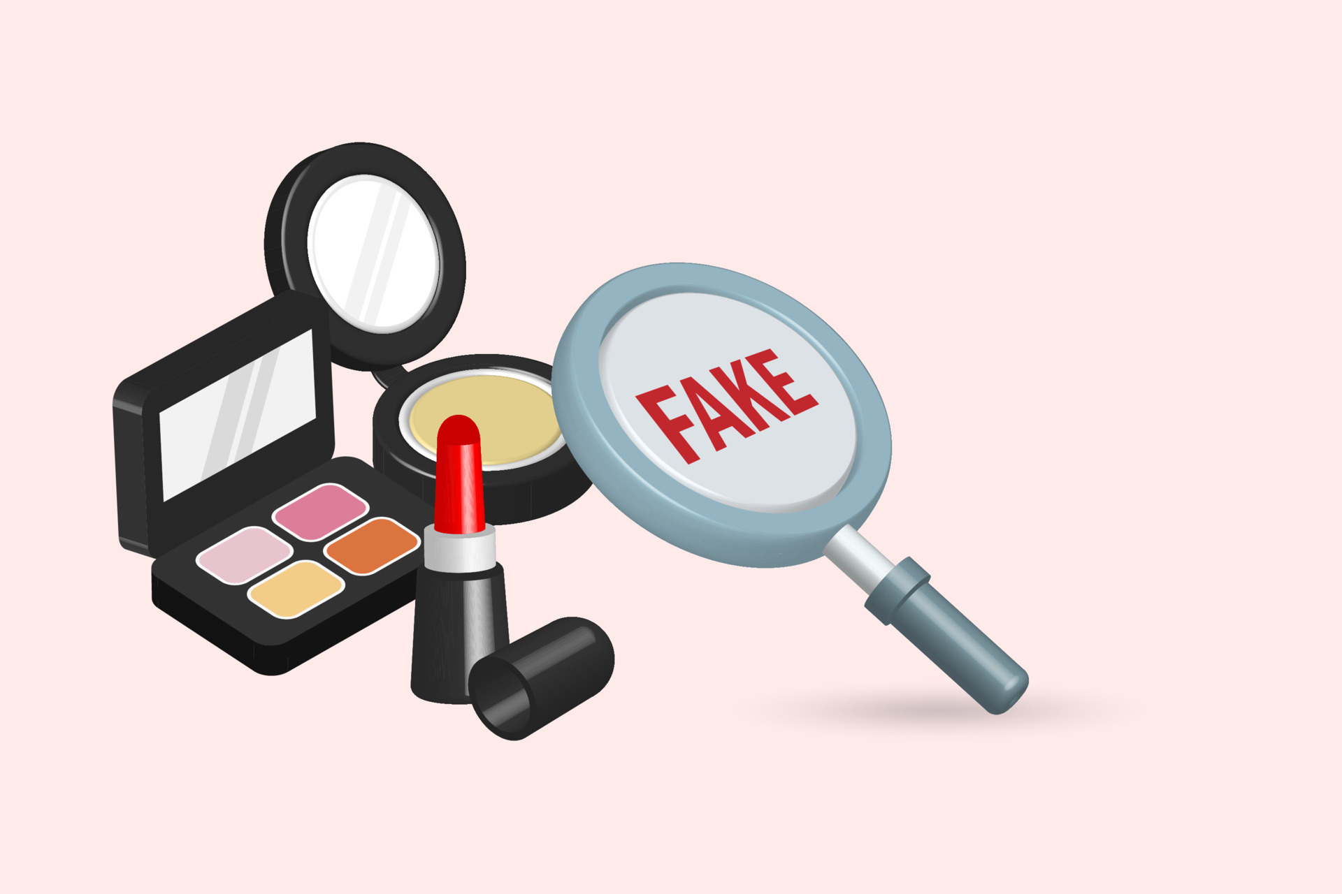 Magnifying glass detect fake or counterfeit cosmetic products. Lipstick, eye pallete and press