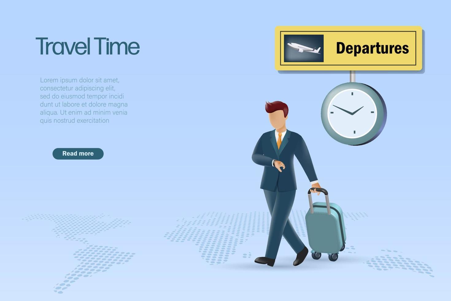 viajar, negocio viaje concepto. empresario que lleva equipaje comprobación hora en mirar. a aeropuerto, 3d vector. vector