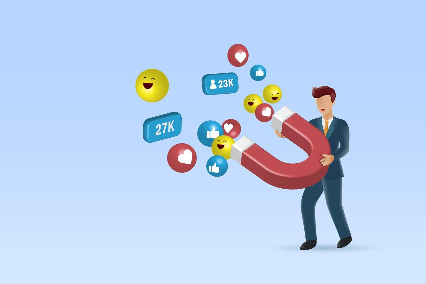 Businessman holding magnet attracting love, like, icons and followers. Social media marketing, attraction, acquisition and retention strategy. 3D realistic vector. vector