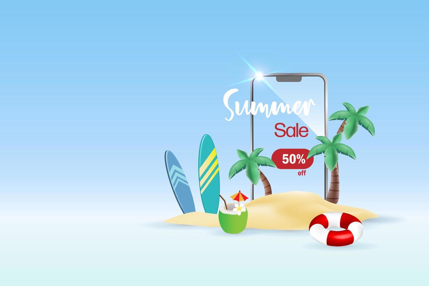 Online travel, summer sale vacation campaign on smartphone with tropical beach palm trees island, surfboard, swim ring and coconut drink. 3D vector for template, advertising, brochure.