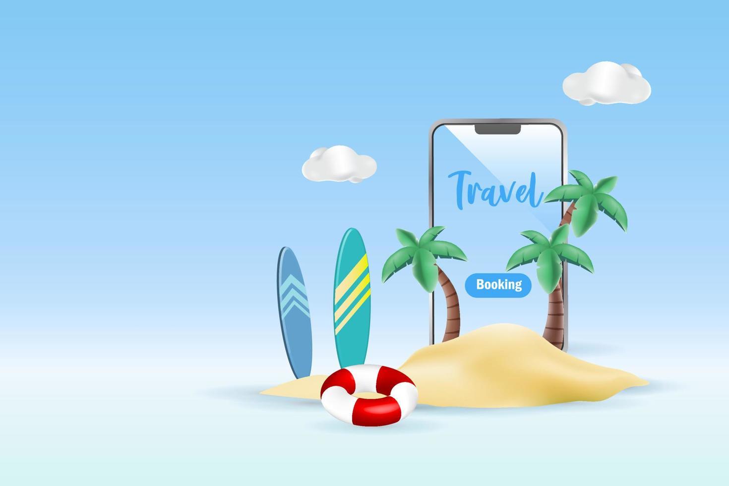 Travel vacation at summer tropical beach island with surfboard, palm trees and swim ring on smartphone. 3D vector Illustration.