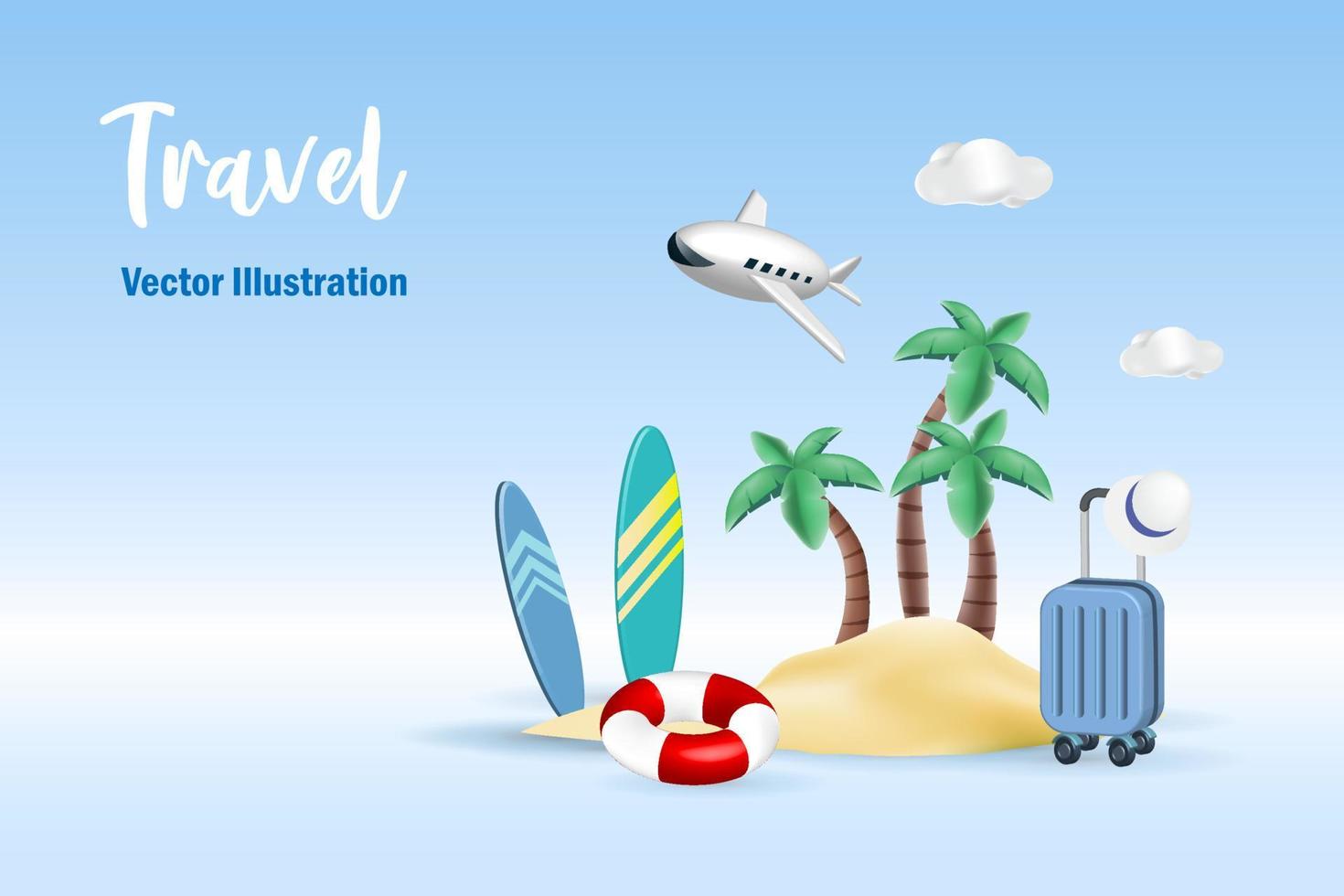 Travel vacation at summer tropical beach island with surfboard, palm trees and swim ring on smartphone. 3D vector Illustration.