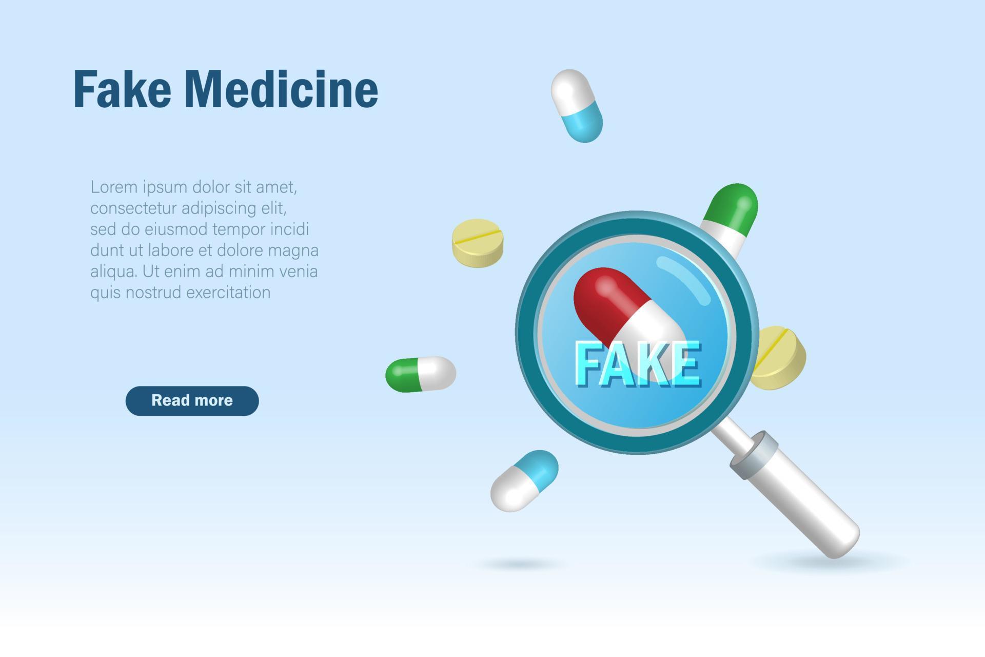 Magnifying glass detect fake medicine capsule pill. Harmful and