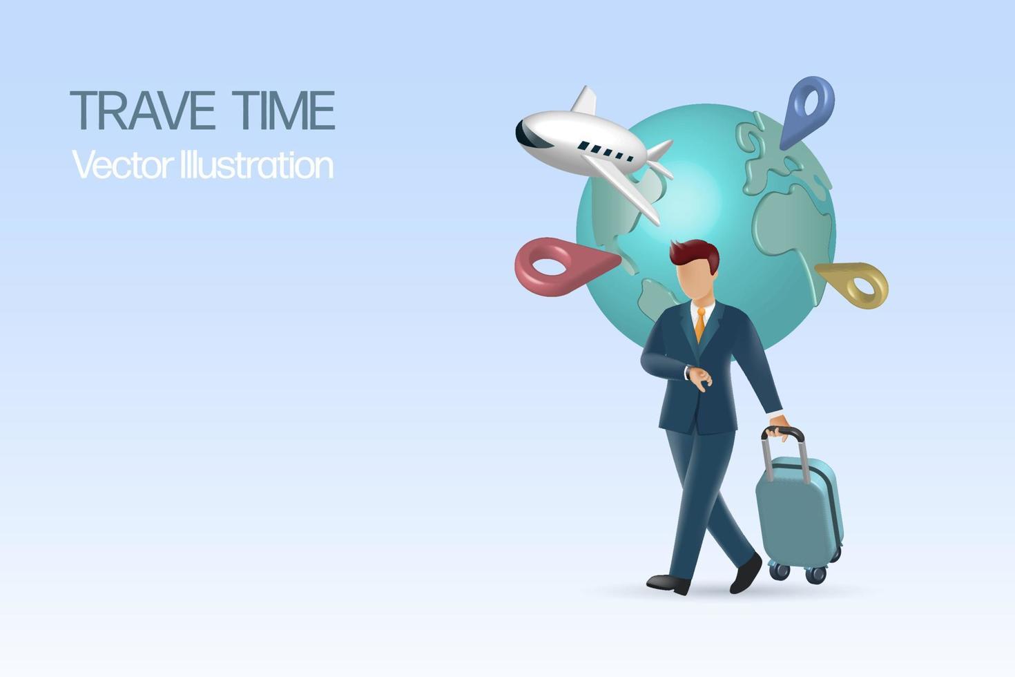 Travel, business trip concept. Businessman walking, carrying luggage and checking time at watch with airplane and globe. 3D vector. vector